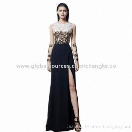 Evening dress, made of chiffon and lace connected, A-line with appliques
